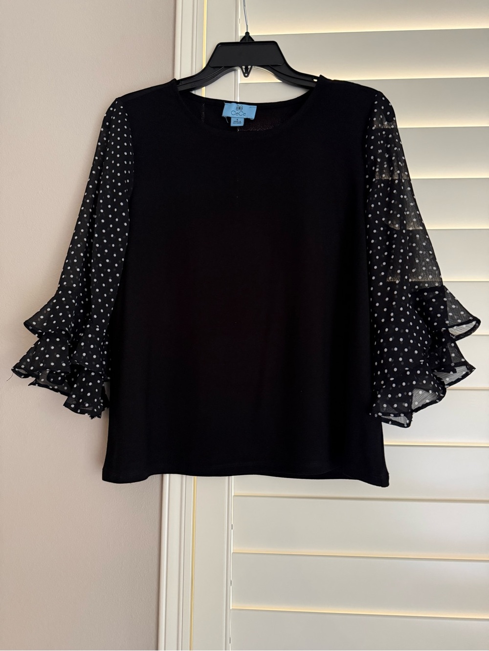 CeCe Black Polka Dot Ruffle Sleeve Blouse